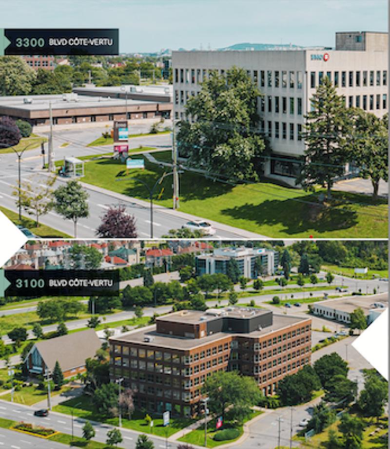 Office buildings at 3100 and 3300 Côte-Vertu Blvd., in Montreal's Saint-Laurent district are being offered for sale. (Courtesy CBRE)