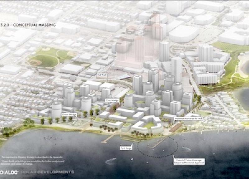 A conceptual document showing a potential configuration for a massive redevelopment planned at a former mill site at the edge of downtown Kelowna, B.C. (Courtesy Tolko / Holar Developments)