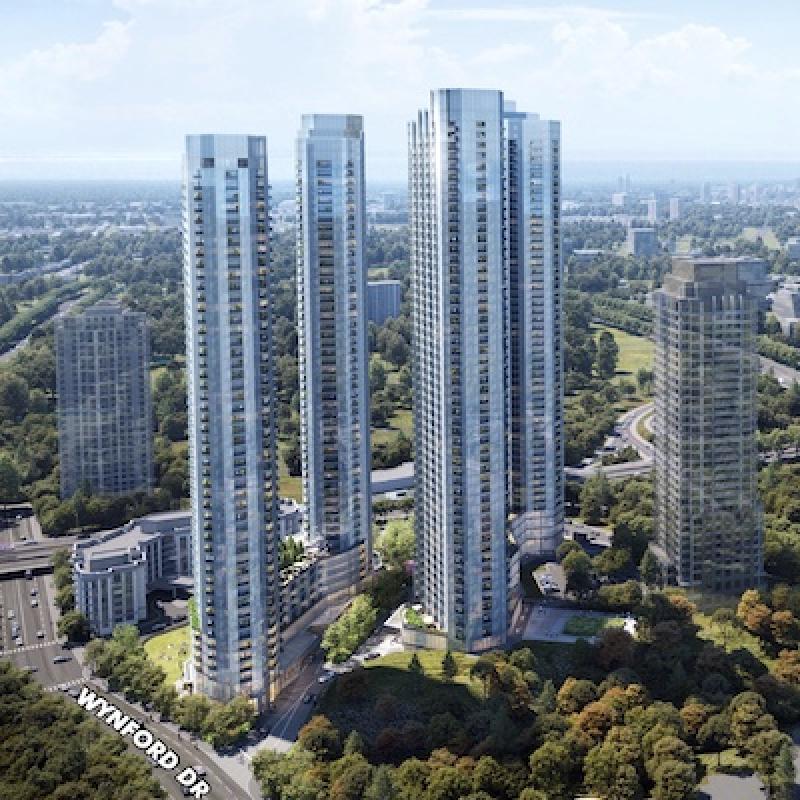 A rendering of the proposed four-tower plan to redevelop the 175 Wynford Dr., Toronto Don Valley Hotel and Suites Property. (Courtesy CBRE)