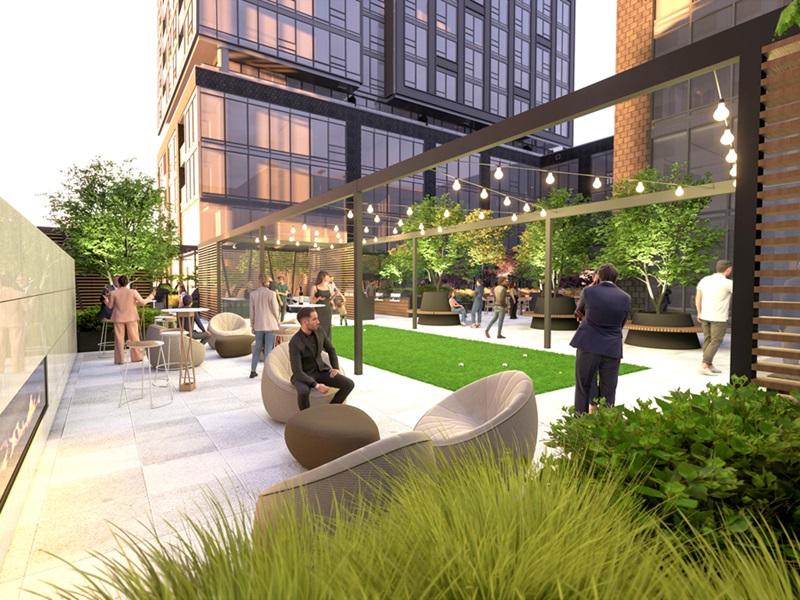 An outdoor patio and gathering area at Le Livmore Ville-Marie II. (Courtesy GWLRA)