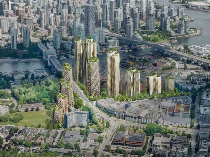 A rendering of the Senakw development site in Vancouver's Flase Creek district. (Courtesy Revery Architecture / Squamish Nation)