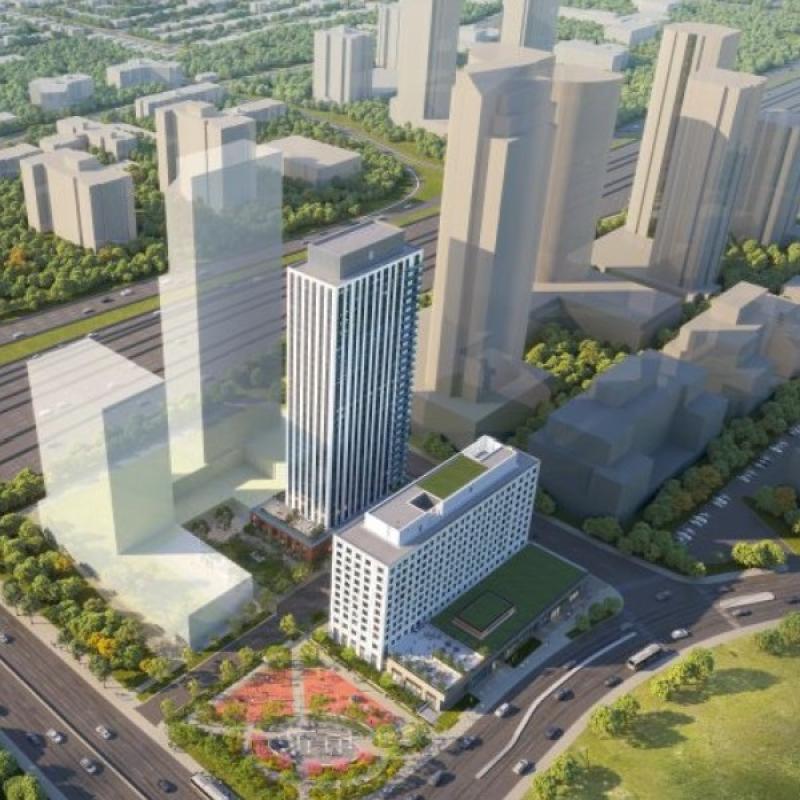 The two towers being constructed in Phase I at KingSett's Valhalla Village in Toronto, shown in this rendering. (Courtesy BDP Quadrangle / KingSett)