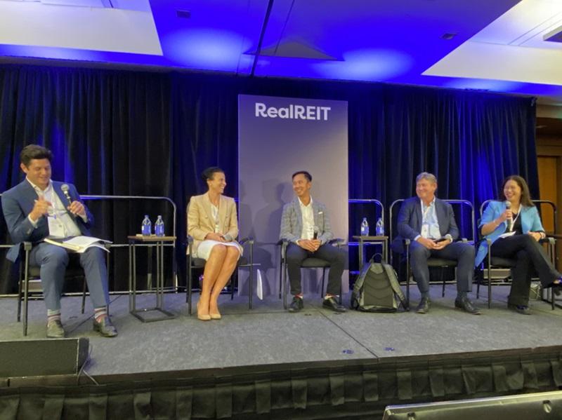 From left, RealREIT panelists National Bank Financial's Matt Kornack; Allied Properties REIT's Cecilia Williams; Boardwalk REIT's James Ha; Primaris REIT's Patrick Sullivan; and Dream Industrial REIT's Lenis Quan. (Steve McLean RENX)