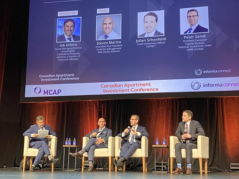 From left, CAIC multifamily panel members: Institutional Property Advisors' Aik Aliferis; GWL Realty Advisors' Steven Marino; CBRE Canadian Capital Markets' Peter Senst; and CAPREIT's Julian Schonfeldt. (Steve McLean RENX)