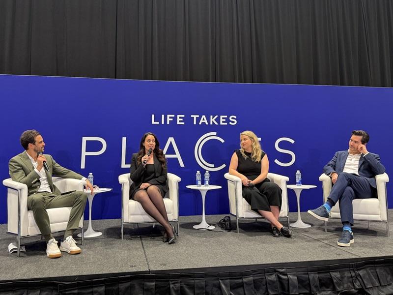 From left, ICSC Canada speakers during The Art of Place: How Creative Placemaking Creates Lasting Value for Real Estate presentation: Philippe Demers, founder and CEO, MASSIVart; Melissa Campisi, VP, retail national marketing, QuadReal Property Group; Jennifer Dunn, senior director, marketing, JLL; and Jorge Gerini, managing director, Sordo Madaleno Architects. (Courtesy MASSIVart)