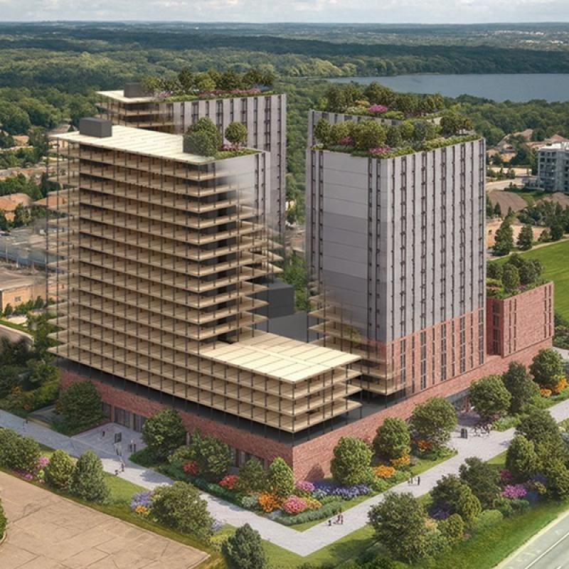 Sustainable Development Group is planning a four-tower, mass-timber multifamily project along the Hwy. 400 corridor in Barrie, Ont. (Courtesy SDG)