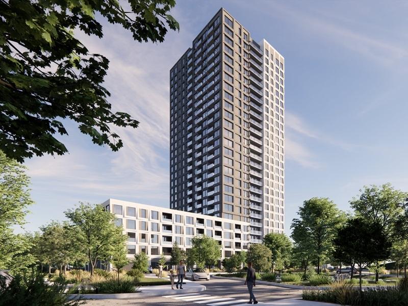 The 26-storey Evolo Flex tower at Proment's Pointe-North development in Montreal. (Courtesy Proment)