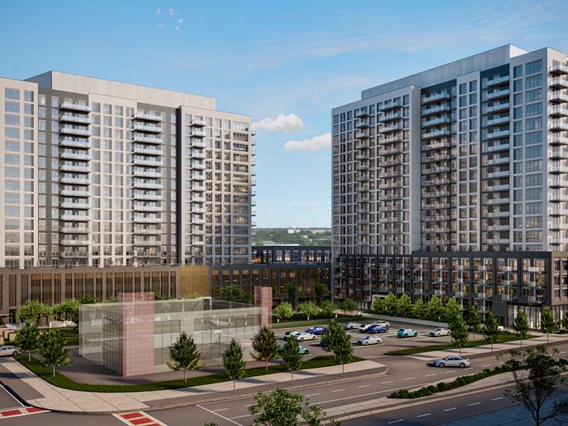 This two-tower apartment development on 61st Avenue in Calgary will be Cadillac Fairview's first multifamily project in the city. (Courtesy Cadillac Fairview)