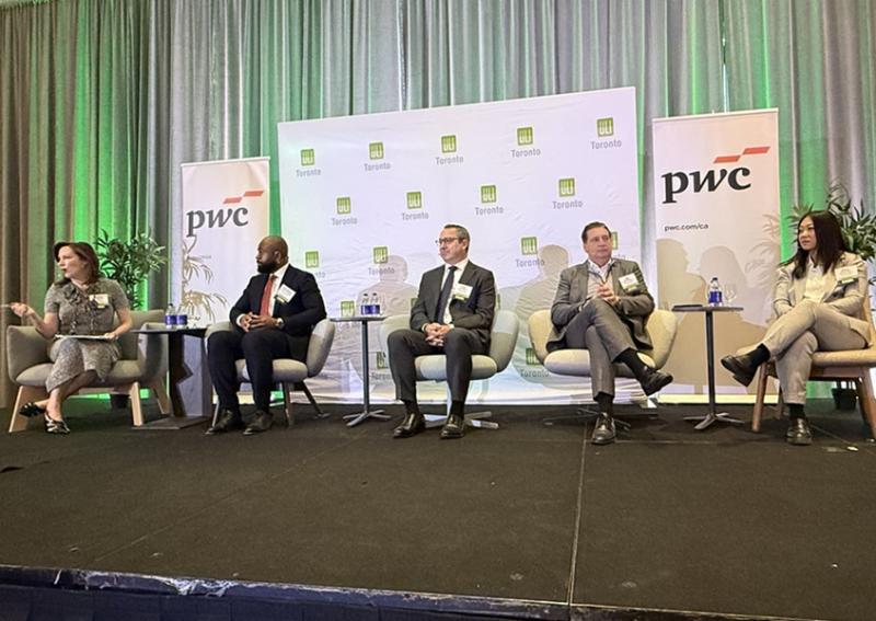 Speakers at the PwC-ULI event in Toronto included, from left: PwC Canada's Lee-Anne Kovacs, Fengate Asset Management's John-Bosco Agbasi, KingSett Capital's Colin Baryliuk, Hazelview Investments' Ugo Bizzarri and Fiera Real Estate Canada's Kathy Black. (Courtesy Richard Joy, ULI)