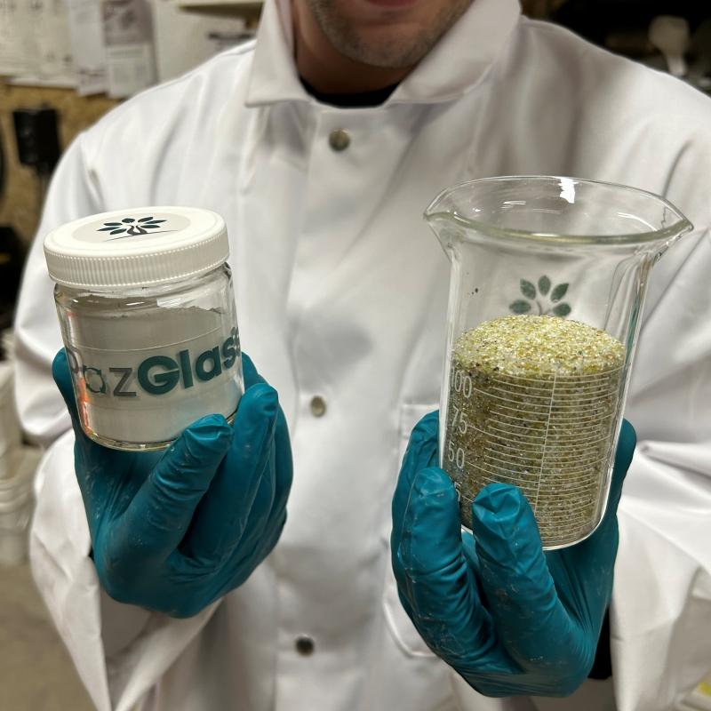 PozGlass components pre- and post-grind. (Courtesy Progressive Planet)