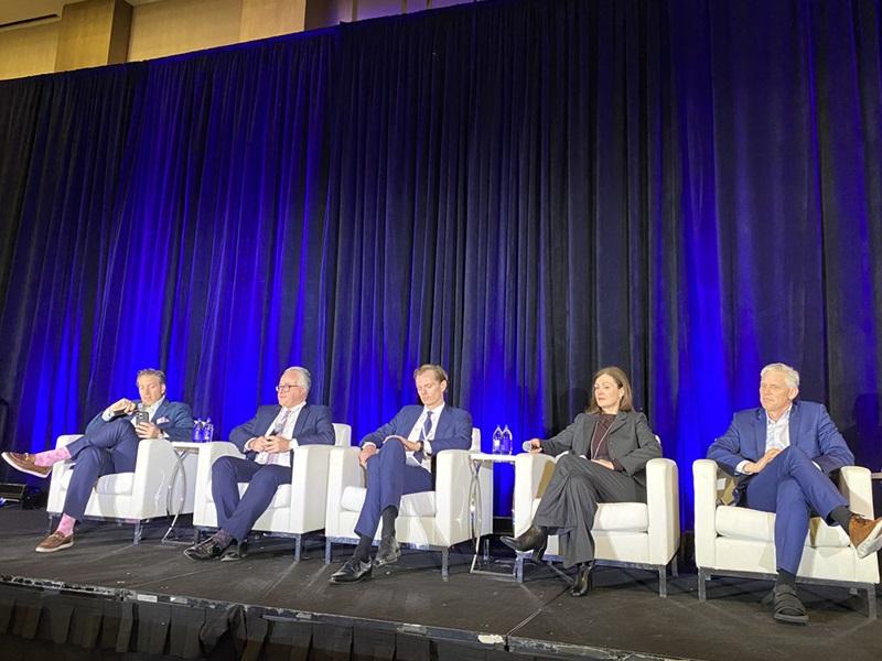 Global Property Market speakers, from left: Grosvenor Property Americas' Steve Guberer; Nuveen Real Estate's Shawn Lese; Bouwinvest's Robert Wagenaar; Canada Post Corporation Registered Pension Plan's Marie-Josée Turmel; and National Association of Real Estate Investment Trusts' John Worth. (Steve McLean, RENX)