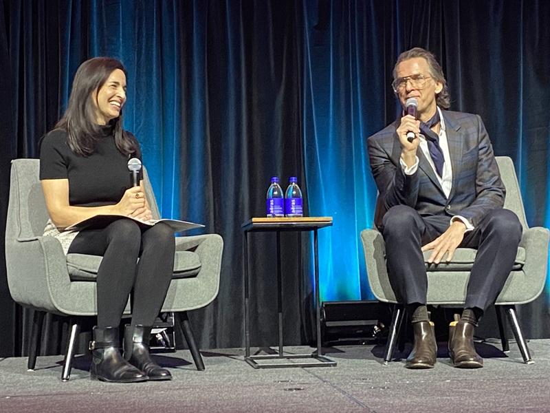 RBC Capital Markets Real Estate Group's Nurit Altman, left, and Aritzia's Brian Hill during a fireside chat at the Real Estate Forum in Toronto. (Steve McLean, RENX)