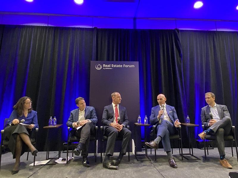 Office panel speakers at the Real Estate Forum in Toronto, from left: Savills' Ruth Fischer; Aspen Properties' Greg Guatto; Oxford Properties' Kevin Hardy; GWL Realty Advisors' Steven Marino; and EY's Zach Pendley. (Steve McLean, RENX)