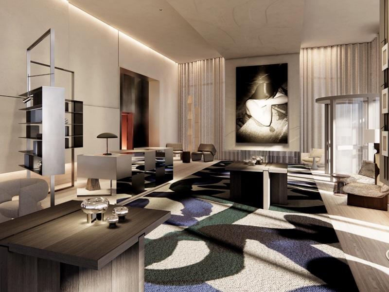 A rendering of the lobby area for the new AC by Marriott hotel to be developed by Sunray Group at 80 Queen St. E., in downtown Toronto. (Courtesy Sunray Group)