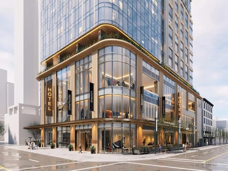 A rendering of the 33-storey hotel tower proposed for Davie and Granville streets in Vancouver by local developer Deecorp. (Courtesy Deecorp)