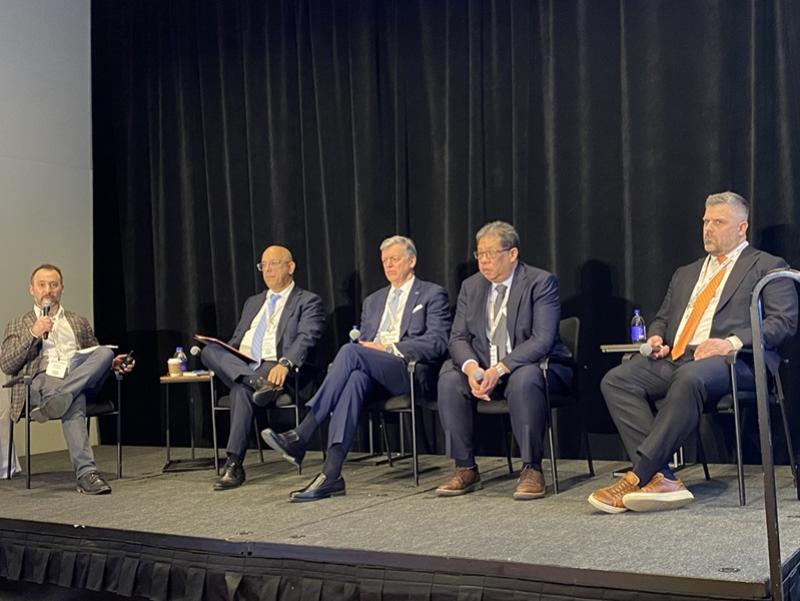 RealCapital panel members, from left to right: JLL's Scott Figler; Institutional Property Advisors' Nick Pantieras; Desjardins Global Asset Management's Richard Dansereau; Altus Group's Ray Wong; and BGO's Phil Stone. (Steve McLean, RENX)