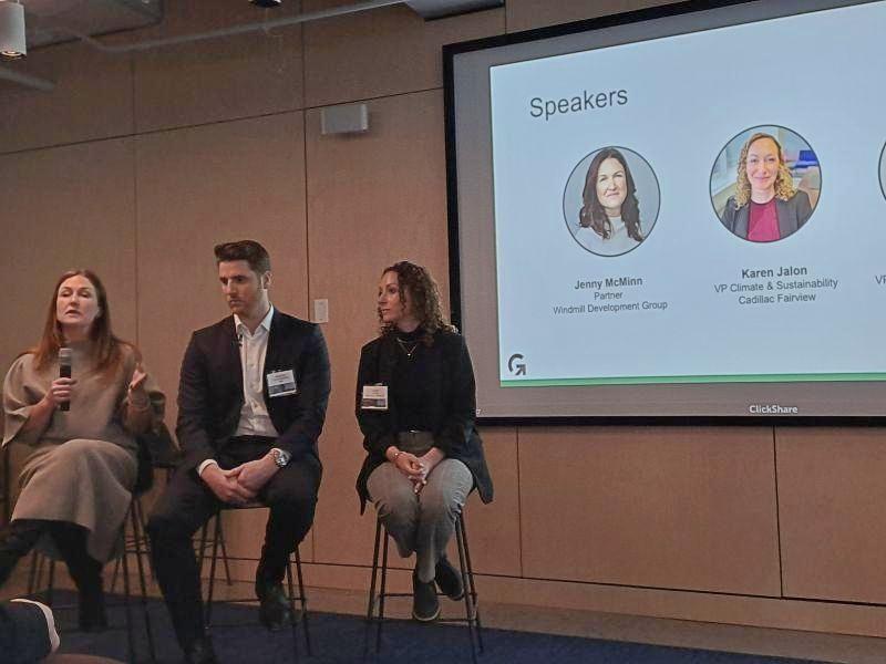 From left, Jenny McMinn, partner, communications and impact of Windmill Developments; Michael Guadagnoli, vice-president of sustainable performance at Ecovert; Karen Jalon, vice-president of climate and sustainability at Cadillac Fairview. (Courtesy Tyler Choi, Sustainable Biz Canada)