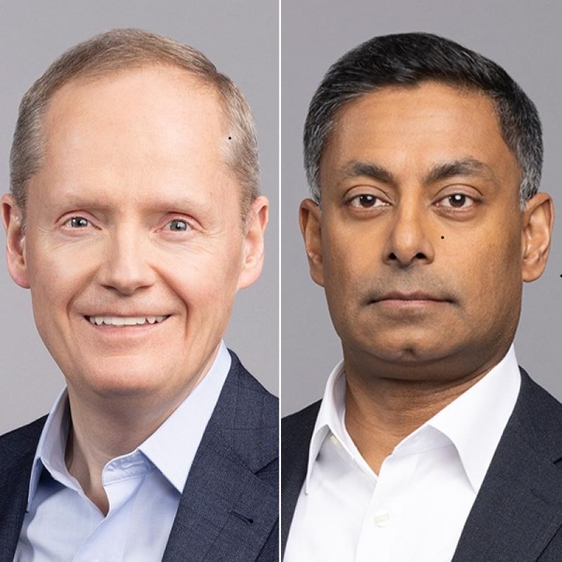 Colliers has named Christian Mayer, left, global chief financial officer and CEO of commercial real estate, and Elias Mulamoottil global chief investment officer and CEO of engineering. (Courtesy Colliers)