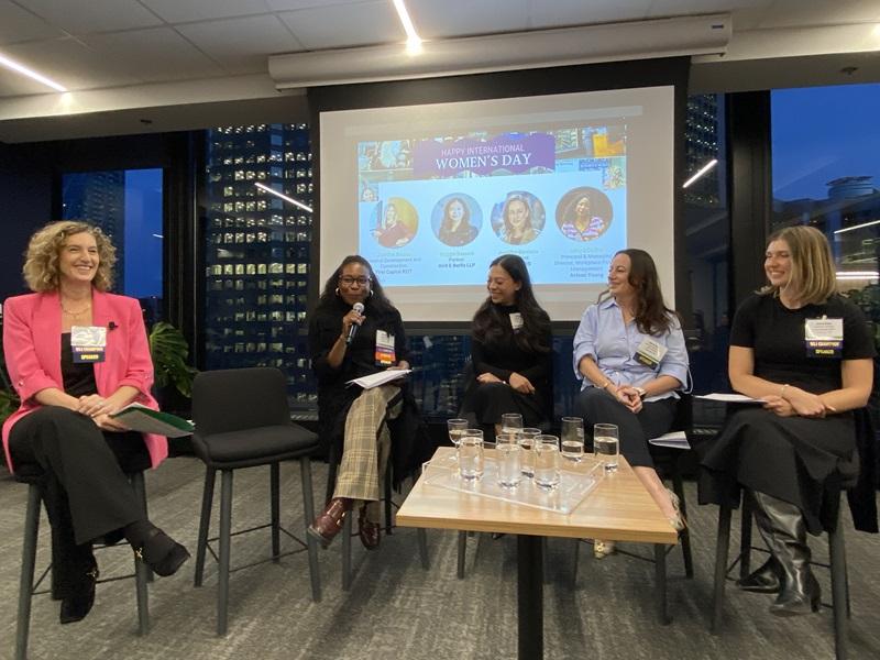 ULI panellists, from left, moderator Vanessa Judelman of Mosaic People Development; Arlene Dedier of Avison Young; Maggie Bassani of Aird and Baylis LLP; Jennifer Burstein of NOVI BLDS; and Jennifer Arezes of First Capital REIT. (Steve McLean RENX)
