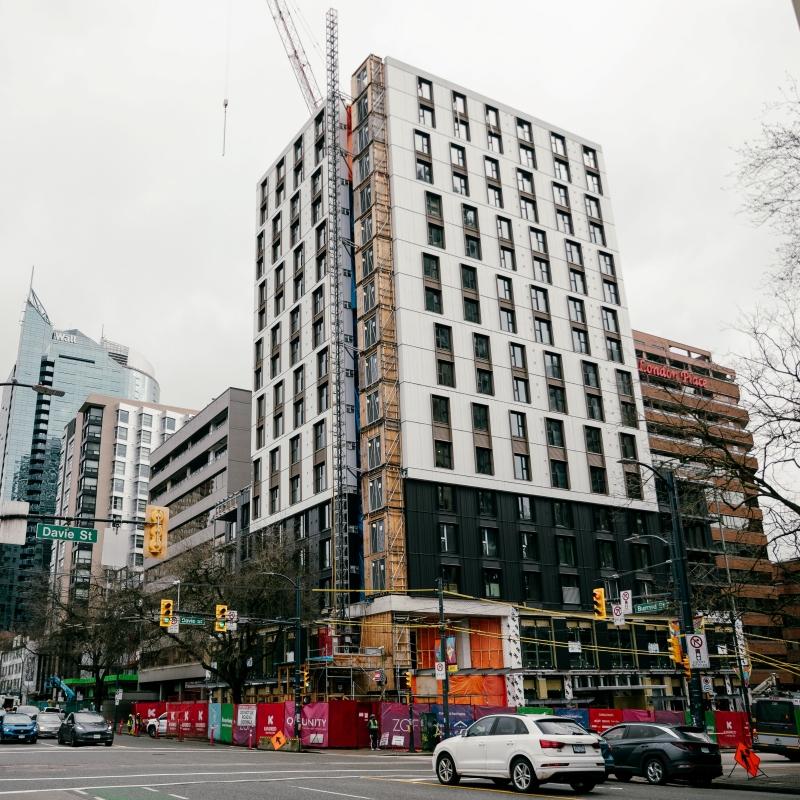 981 Davie St., a 17-storey mass timber-Passive House tower. (Courtesy Kindred Construction)