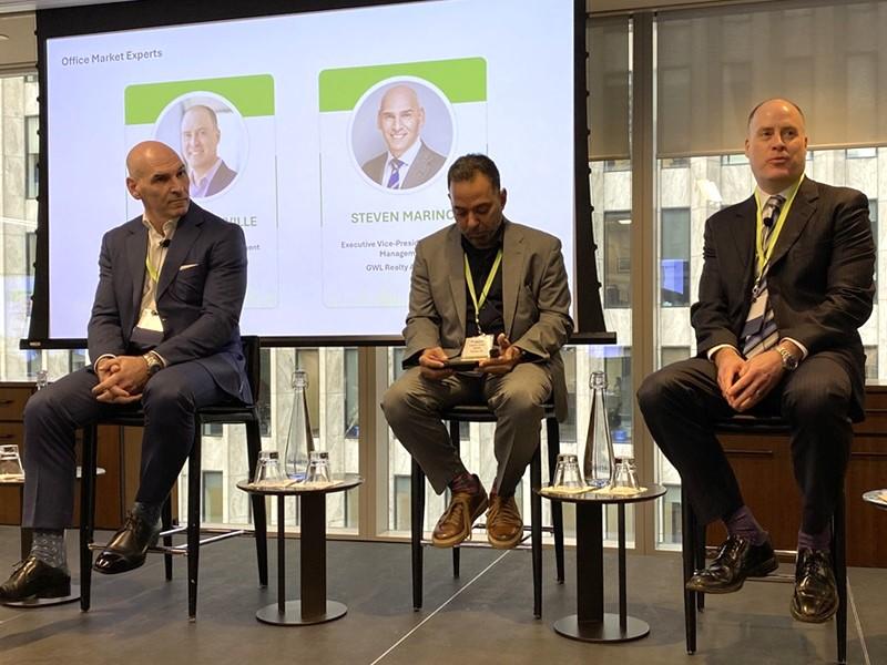 From left, participants Steven Marino of GWLRA, from left, moderator Venkat of Deloitte, and and Oxford Properties' Michael Mayville. (Steve McLean, RENX)