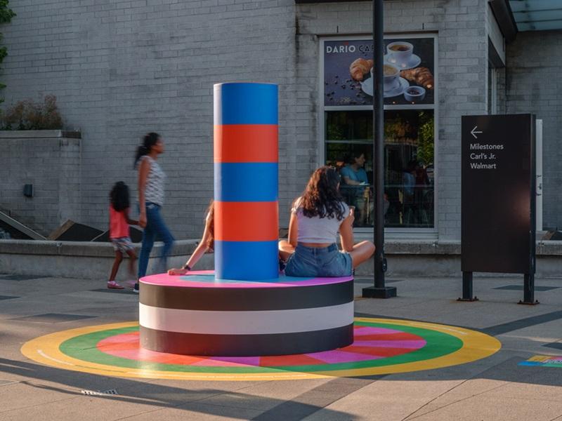 Creative public seating created by artists Craig & Karl for the Guildford Town Centre public plaza in Surrey, B.C. The installation was developed as part of a public art and placemaking initiative led by MASSIVart. (Courtesy Lucas Inacio / MASSIVart)