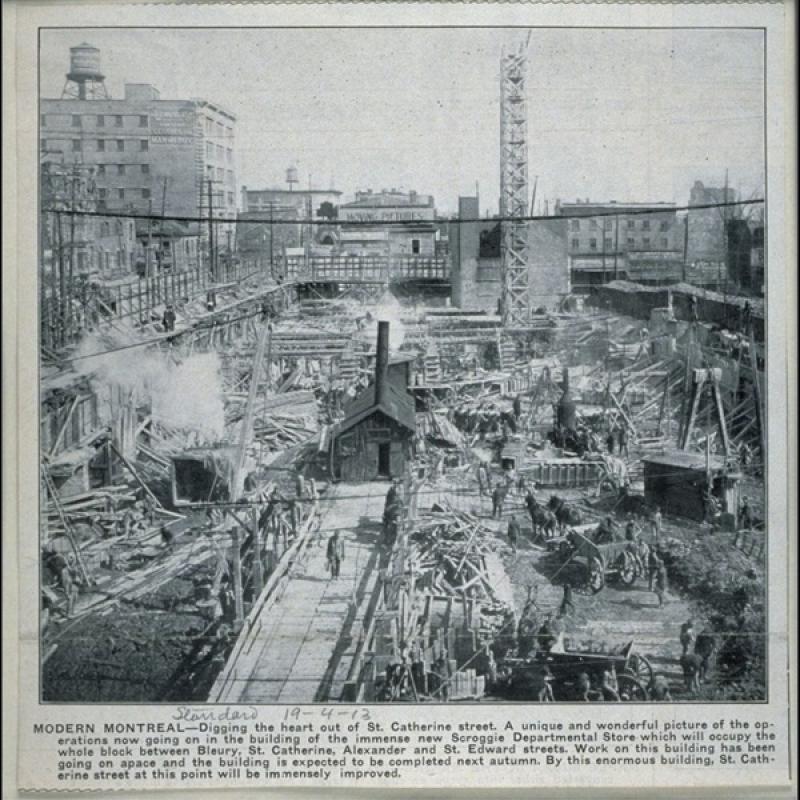 A 1912 newspaper clipping shows the Belgo under construction in downtown Montreal