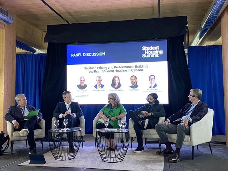 Bonard Student Housing Summit panelists (l-r) Campus Suites' Henry Morton, Cedar Podium's Bernard Luttmer, Toronto Metropolitan University's Shelagh McCartney, Elysium Investments' Sayf Hassan and CMLS' Richard Eyles.