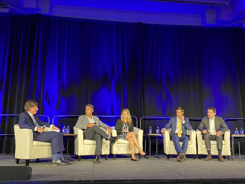 REALPAC's Michael Brooks; Chartwell Retirement Residences' Jonathan Boulakia; SmartStop Self Storage board member Lora Gotcheva; BGO's Simon Holmes; and Primaris REIT's Julian Schonfeldt. 
