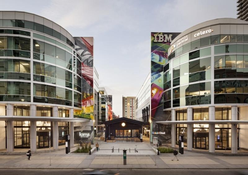 The District mixed-use complex in Calgary has been acquired by Aspen Properties and Rohit Group. The District is comprised of three office buildings, a restaurant and a food hall in the city's Beltline area. (Courtesy Aspen, Rohit)