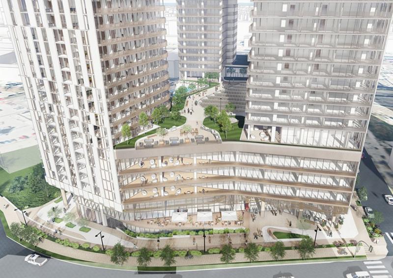 Onni's 1.2M-sq.-ft. development at Lot P in False Creek Flats will four highrises connected by a six-storey podium. (Courtesy Onni/BOP)