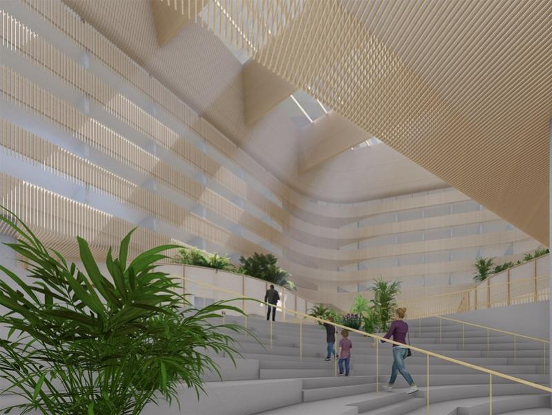 A rare covered atrium has been incorporated into the design of the Lot P project to connect the towers and provide public space. (Courtesy Onni/BOP)